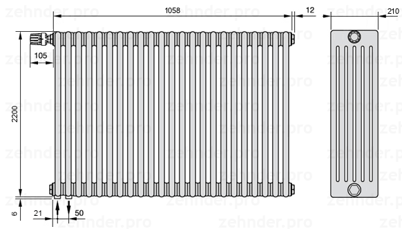 Схема (чертеж) Радиатор Zehnder Charleston 6220/23 №V001 Белый глянцевый RAL 9016